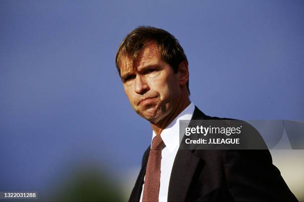 Head coach Pim Verbeek of Kyoto Purple Sanga is seen during the J.League J1 second stage match between Kyoto Purple Sanga and FC Tokyo at the...