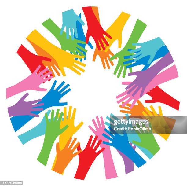 colorful circle of hands - hands reaching out icon stock illustrations