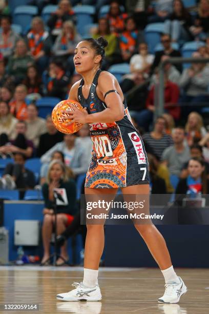 Kristiana Manu’a of the Giants looks to pass during the round six Super Netball match between GWS Giants and Sydney Swifts at Ken Rosewall Arena, on...
