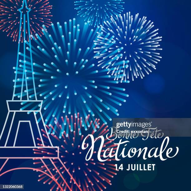 illustrazioni stock, clip art, cartoni animati e icone di tendenza di spettacolo pirotecnico della festa nazionale francese - national holiday