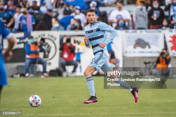 Ilie Sanchez of Sporting Kansas City dribbles the ball during a game between San Jose Earthquakes and Sporting Kansas City at PayPal Park on May 22,...