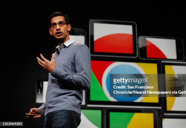 Sundar Pichai, Google senior vice president, Chrome and Apps, speaks during the keynote at the Google I/O conference at Moscone West on Thursday,...
