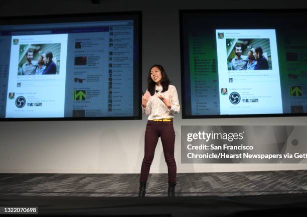 Julie Zhuo, director of design, speaks during a press conference where a redesign of Facebook's News Feed was announced at it's headquarters on...