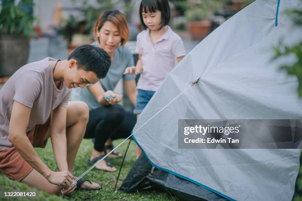 asiatico padre cinese allevare tenda da campeggio con l'aiuto della sua famiglia nel cortile di casa sua durante il fine settimana - picchetto da tenda foto e immagini stock