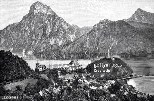 traunkirchen, austria, at the traunsee - traunsee stock illustrations