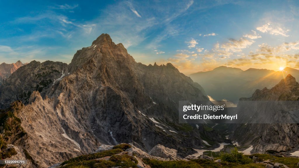 Glory sunrise with view to Watzmann East Wall and lake Köngissee, Berchtesgaden National Park