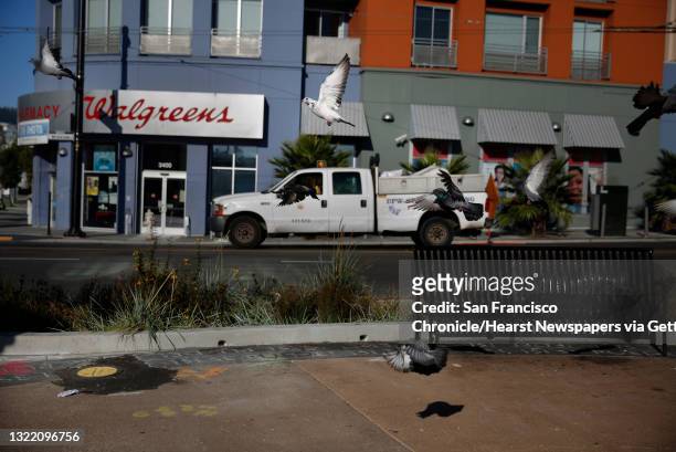 Whole filled with asphalt is seen next to an empty space which used to have a bench at a plaza at Mission Street and Cesar Chavez Street on...