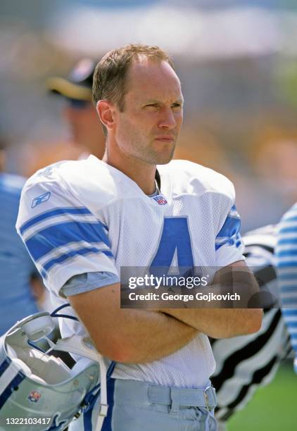 Kicker Jason Hanson of the Detroit Lions looks on from the field before a preseason game against the Pittsburgh Steelers at Heinz Field on August 25,...