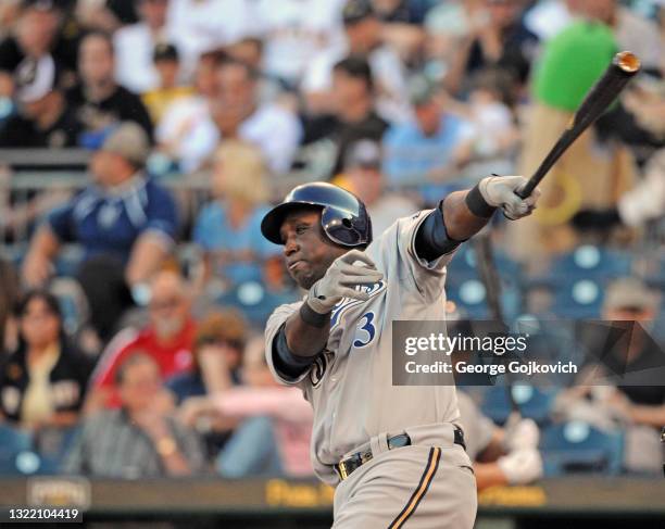 Yuniesky Betancourt of the Milwaukee Brewers bats during the first game of a doubleheader against the Pittsburgh Pirates at PNC Park on August 22,...