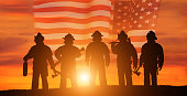 USA firefighter with nation flag. Greeting card for Firefighters Day , Patriot Day, Independence Day . America celebration.