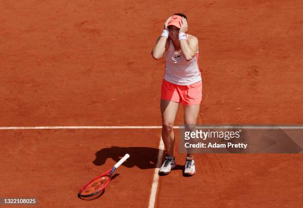Tamara Zidansek of Slovenia celebrates after winning match point during her Women's Singles fourth round match against Sorana Cirstea of Romania on...