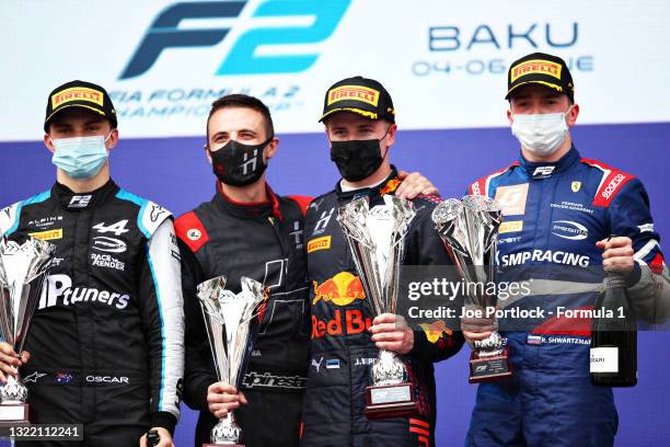 Race winner Juri Vips of Estonia and Hitech Grand Prix , second placed Oscar Piastri of Australia and Prema Racing , third placed Robert Shwartzman...