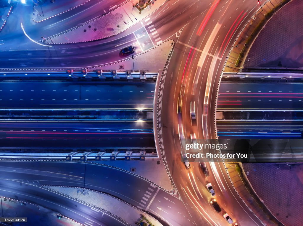 Aerial view/Circular road traffic at night