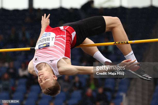 Jonas Wagner of Dresdner SC 1898 competes in the Men's High Jump Final of the German Athletics Championships 2021 at Eintracht Stadion on June 06,...