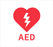AED vector icon. Emergency defibrillator sign. Red heart electricity. Vector illustration.