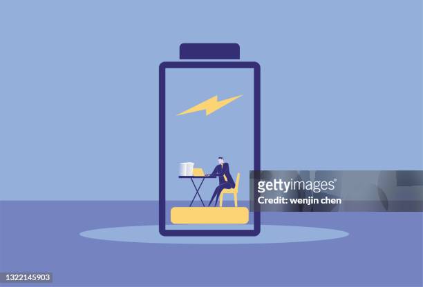 the businessman charged the battery and worked hard - abzeichen stock illustrations