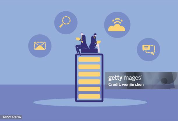 two white-collar workers on the battery are working hard - mobile charging station stock illustrations