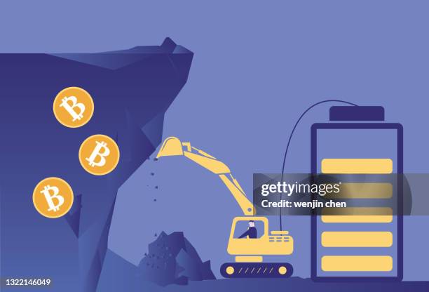 a battery-powered excavator digs bitcoin in the hole - cryptocurrency mining stock illustrations