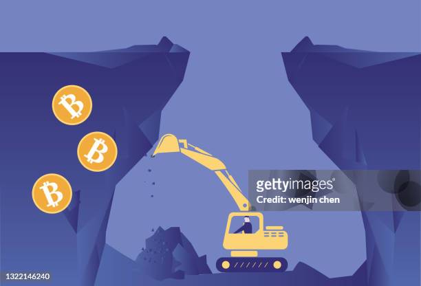 the excavator digs bitcoin in the hole - excavator bucket stock illustrations