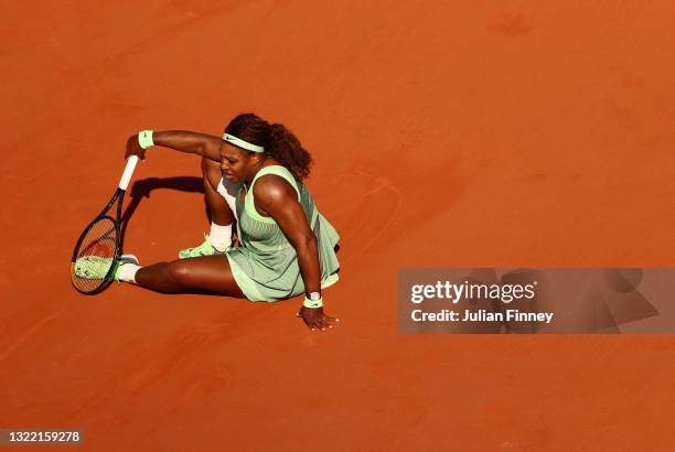 Serena Williams of USA reacts during her Women's Singles fourth round match against Elena Rybakina of Kazakhstan on day eight of the 2021 French Open...