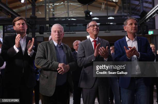 Leading members of the right-wing Alternative for Germany political party Maximilian Krah , Alexander Gauland , Joerg Urban and Bjoern Hocke react to...