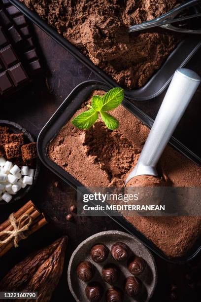 chocolate ice cream scoop ball serving and chocolates, toppings and ingredients - homemade icecream stock pictures, royalty-free photos & images