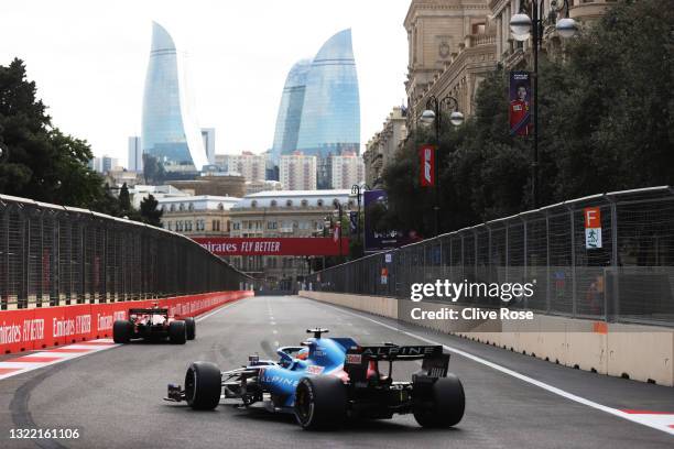 Fernando Alonso of Spain driving the Alpine A521 Renault during the F1 Grand Prix of Azerbaijan at Baku City Circuit on June 06, 2021 in Baku,...