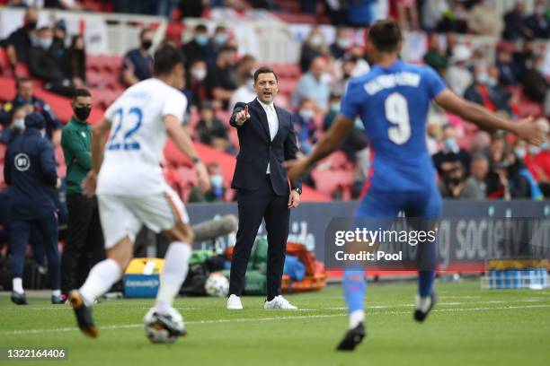 Mirel Radoi, Head Coach of Romania reacts during the international friendly match between England and Romania at Riverside Stadium on June 06, 2021...