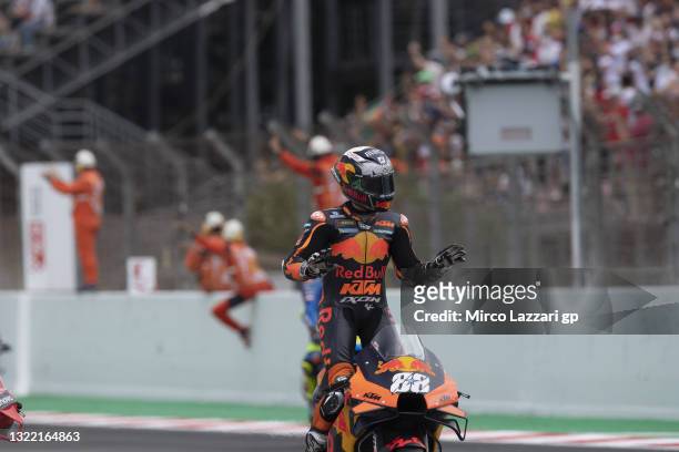 Miguel Oliveira of Portugal and Red Bull KTM Factory Racing celebrates the victory at the end of the MotoGP race during the MotoGP of Catalunya -...
