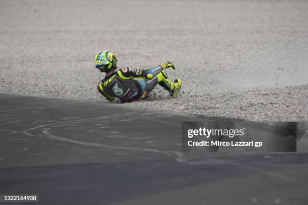 Valentino Rossi of Italy and Petronas Yamaha SRT crashed out during the MotoGP race during the MotoGP of Catalunya - Race at Circuit de...