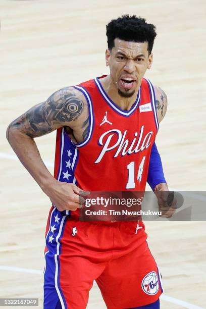 Danny Green of the Philadelphia 76ers reacts to a call during the first quarter against the Atlanta Hawks during Game One of the Eastern Conference...