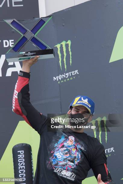 Jordi Torres of Spain and Pons Racing 40 celebrates the third place on the podium during the MotoE race during the MotoGP of Catalunya - Race at...