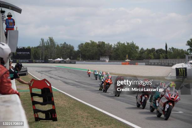 Sergio Garcia of Spain and Aspar Team Moto3 leads the field during the Moto3 race during the MotoGP of Catalunya - Race at Circuit de...