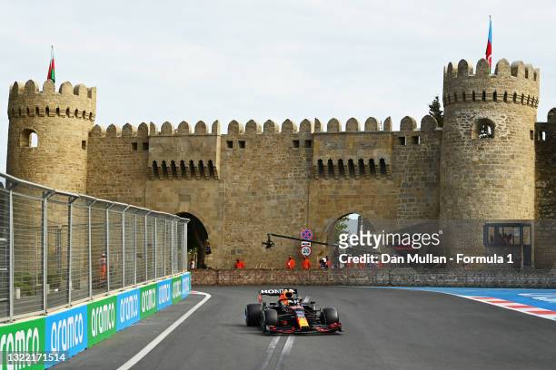 Max Verstappen of the Netherlands driving the Red Bull Racing RB16B Honda on track during the F1 Grand Prix of Azerbaijan at Baku City Circuit on...