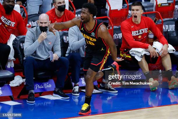 Solomon Hill of the Atlanta Hawks celebrates during the second quarter against the Philadelphia 76ers during Game One of the Eastern Conference...