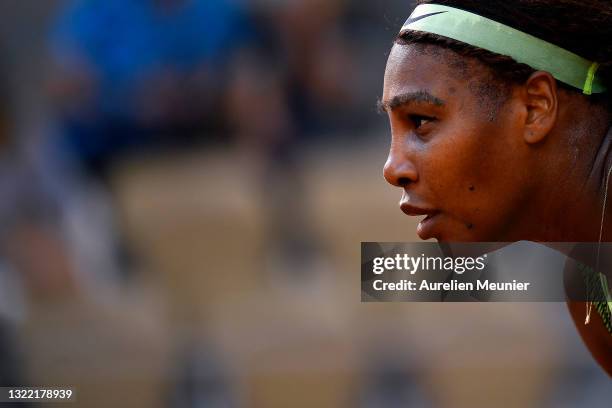 Serena Williams of USA looks on during her Women's Singles fourth round match against Elena Rybakina of Kazakhstan on day eight of the 2021 French...