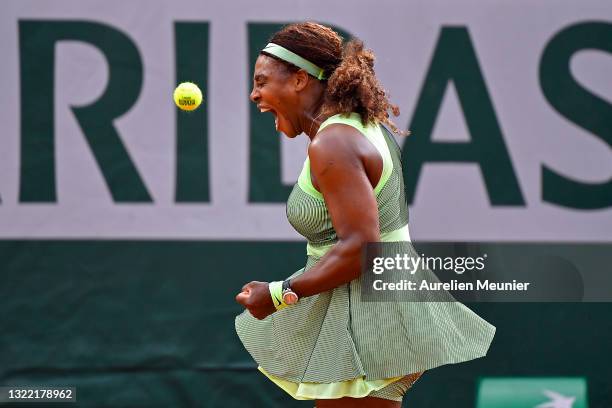 Serena Williams of USA reacts during her Women's Singles fourth round match against Elena Rybakina of Kazakhstan on day eight of the 2021 French Open...