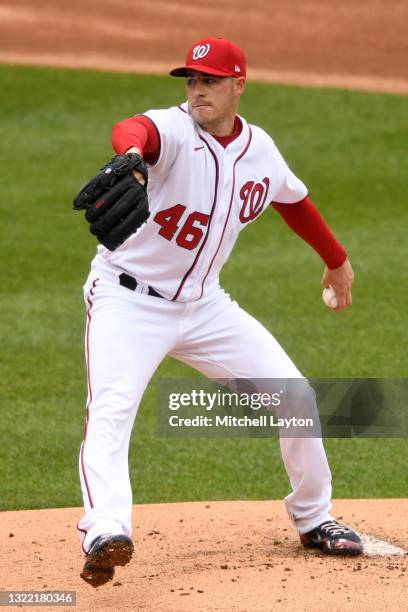 Patrick Corbin of the Washington Nationals pitches during game one of a doubleheader baseball game against the Milwaukee Brewers at Nationals Park on...