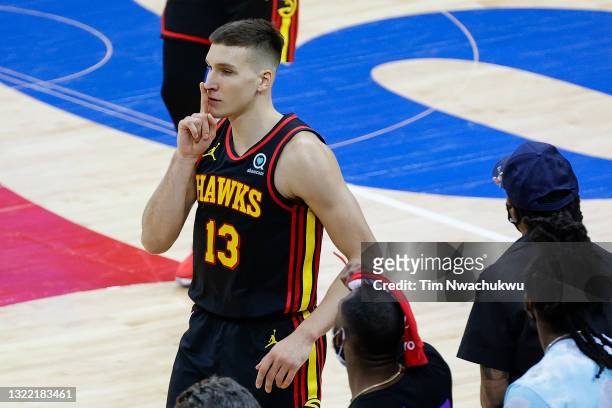 Bogdan Bogdanovic of the Atlanta Hawks gestures during the fourth quarter against the Philadelphia 76ers during Game One of the Eastern Conference...