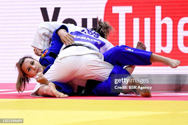 Distria Krasniqi of Kosovo, Laura Abelenda Martinez of Spain during the World Judo Championships Hungary 2021 at Papp Laszlo Budapest Sports Arena on...