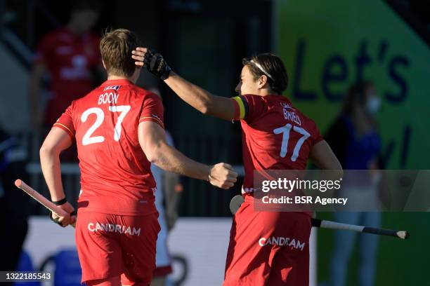 Tom Boon of Belgium, Thomas Briels of Belgium during the Euro Hockey Championships match between England and Belgium at Wagener Stadion on June 6,...