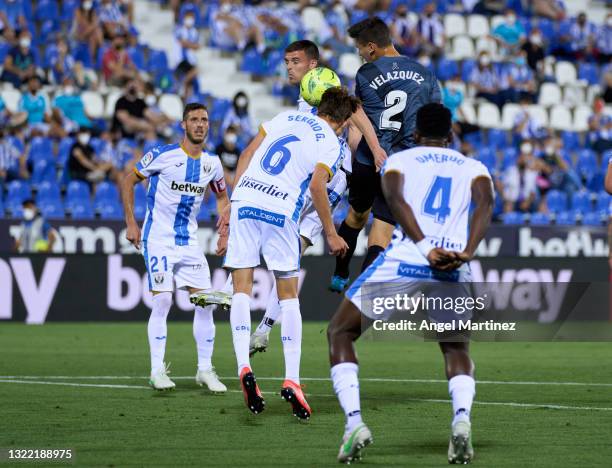 Sergio Gonzalez of CD Leganes heads the ball and scores an own goal during the Liga Smartbank Playoffs match between CD Leganes and Rayo Vallecano at...