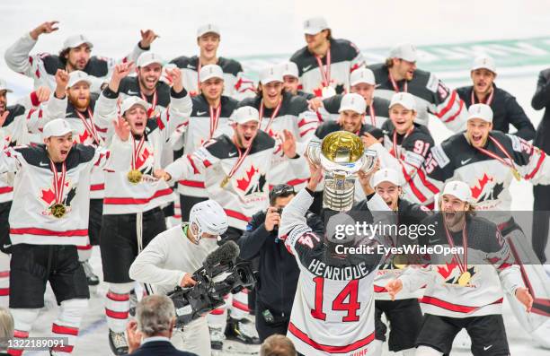 Adam Henrique of Canada Team Canada celebrate with trophy after the 2021 IIHF Ice Hockey World Championship Gold Medal Game game between Finalist 1...