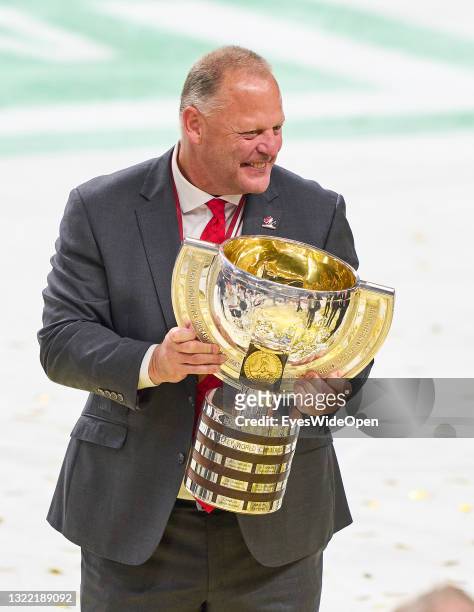 Head coach Gerard Gallant of Canada and Team Canada celebrate with trophy after the 2021 IIHF Ice Hockey World Championship Gold Medal Game game...