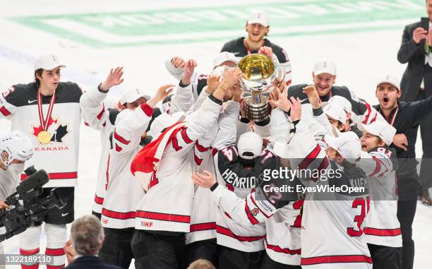 Adam Henrique of Canada Team Canada celebrate with trophy after the 2021 IIHF Ice Hockey World Championship Gold Medal Game game between Finalist 1...