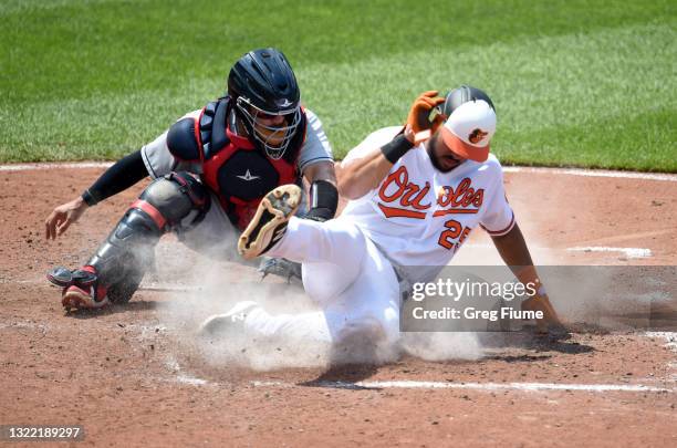 Anthony Santander of the Baltimore Orioles scores in the fourth inning ahead of the tag of Rene Rivera of the Cleveland Indians at Oriole Park at...