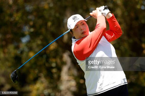 Shanshan Feng of China hits her tee shot on the 14th hole during the final round of the 76th U.S. Women's Open Championship at The Olympic Club on...