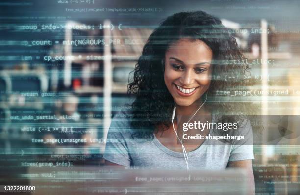 digitally enhanced shot of an attractive businesswoman using a laptop superimposed over multiple lines of computer code - music programming stock pictures, royalty-free photos & images
