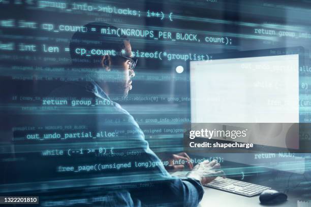 digitally enhanced shot of a handsome businessman working in the office superimposed over multiple lines of computer code - html stock pictures, royalty-free photos & images