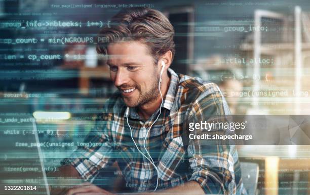 digitally enhanced shot of a handsome businessman using a laptop superimposed over multiple lines of computer code - javascript stock pictures, royalty-free photos & images